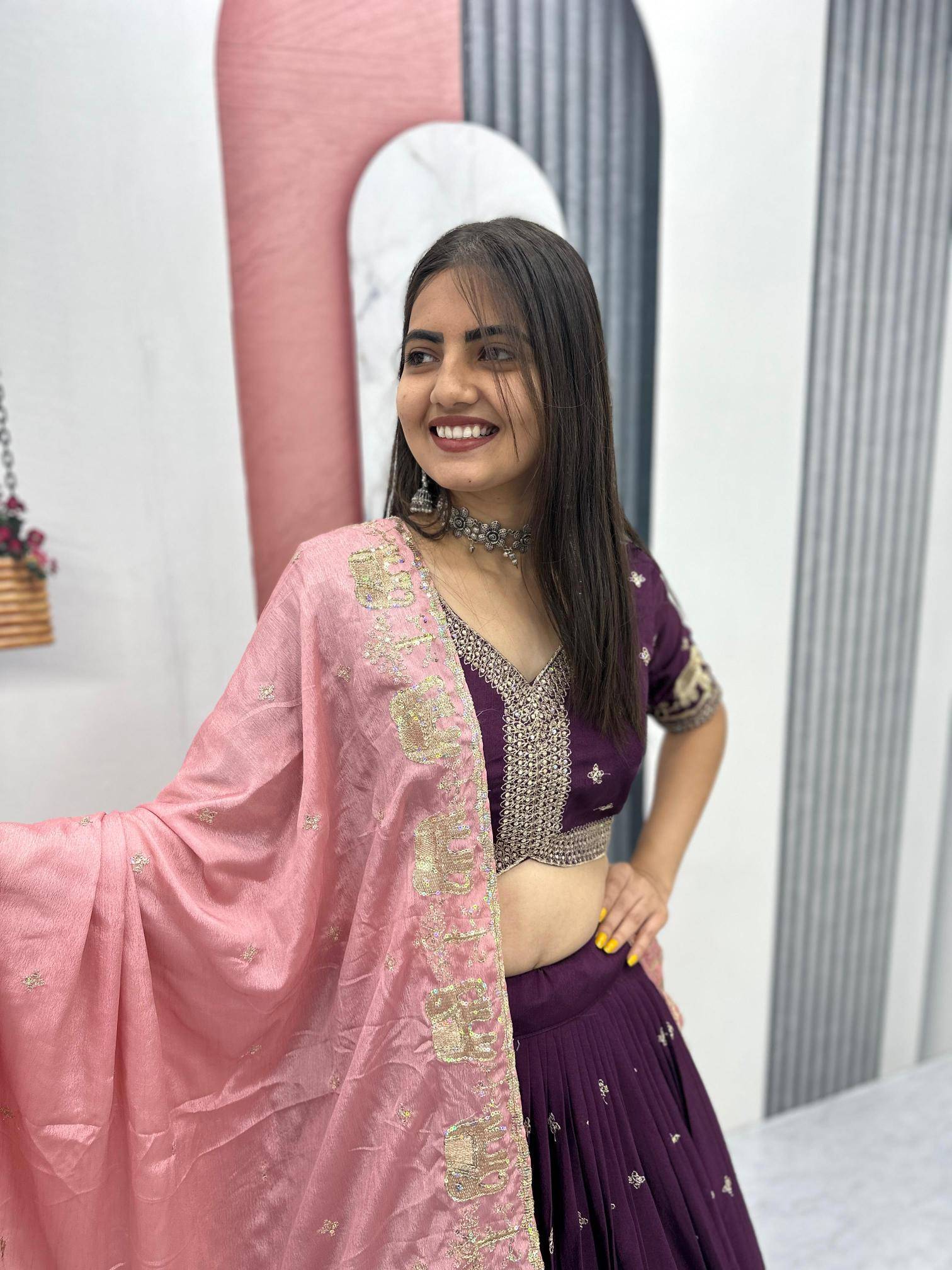 Tapi-300 chinon Red Traditional Lehenga choli distributors